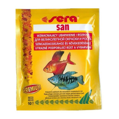 Sera SAN, основной корм для рыбок, улучшающий окраску, хлопья,  10 г